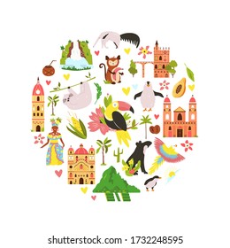 Decorative banner with famous symbols, animals of South America. Explore Latin America concept image. For banner, travel guides