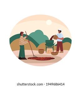 Dekoratives Banner mit Bauern, die Kaffee verarbeiten, Vektorgrafik einzeln.