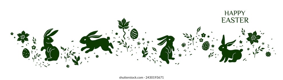 Decorative banner with festive spring jumping rabbits. Holiday Easter composition for decorating invitations, greetings, cards and templates