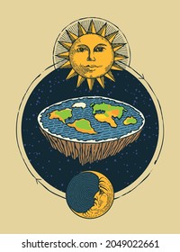 Banner decorativo con la Tierra plana en el espacio con el sol y la luna. Vieja visión del sistema solar y el planeta. Teoría pseudocientífica de la tierra plana. Ilustración vectorial dibujada a mano en estilo vintage.