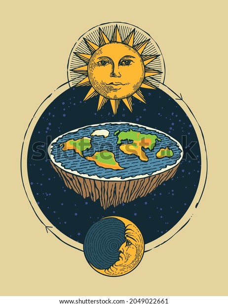 Decorative banner with flat Earth in space with\
the sun and moon. Old Vision of solar system and Planet. Pseudo\
scientific theory of flat earth. Hand-drawn vector illustration in\
vintage style.