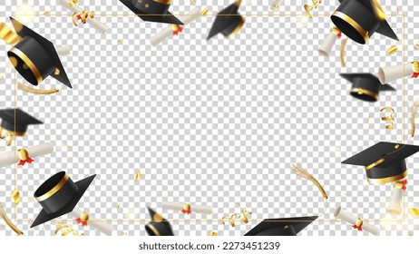 Decorative banner for graduation. 3d falling graduation scrolls and caps, golden confetti and serpentine, frame on checkered background. Vector illustration for decoration social media, posters.