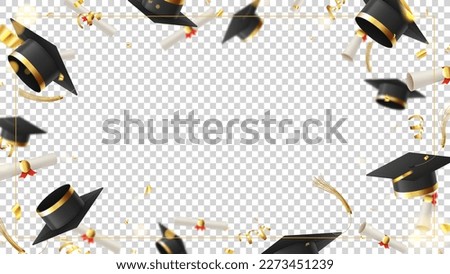Decorative banner for graduation. 3d falling graduation scrolls and caps, golden confetti and serpentine, frame on checkered background. Vector illustration for decoration social media, posters.