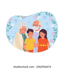 Decorative banner with grandparents and grandchildren at floral backdrop, flat vector illustration isolated on white background. Family generations hugging and smiling.