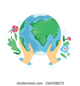Decorative banner with hands holds the planet earth and with flowers around on a white background. A poster about respect for the environment. Eco lifestyle. Celebrating earth day. Vector illustration