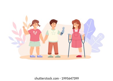 Dekorativer Banner für Kinder Behinderung Thema mit süßen Kinderfiguren, Cartoon Vektorgrafik einzeln auf weißem Hintergrund. Behinderte Kinder im sozialen Leben.