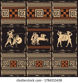 Decorative banner on a theme of Ancient Greece in form of a set of stone, clay or ceramic tiles. Vector illustrations with Greek ornaments and ancient Greek soldiers with shields, spears, in a chariot