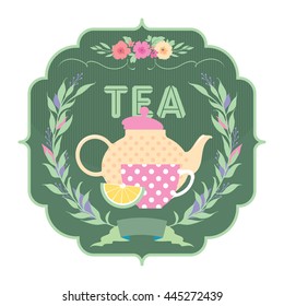 Decorative banner with ornament, ribbon, kettle and a cup of tea