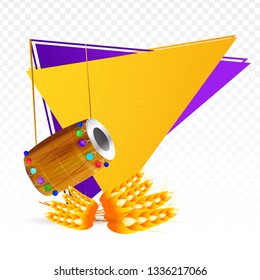 Decorative banner of punjabi festival, drum and wheat on triangle design png background.