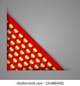 Decorative banner ribbon corner. Red corner ribbon with golden hearts isolated on a neutral background. Vector illustration.