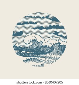 Decorative banner of round shape with hand-drawn sea waves and sky with clouds. Vector illustration in the style of Japanese or Chinese watercolors