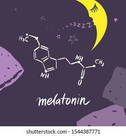 
Decorative banner template about melatonin for articles, presentations, posters. The structure of the molecule on the background of the starry sky with the moon and pillows. Vector illustration