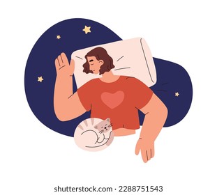 Decorative banner with woman and cat sleep in the same bed, flat vector illustration isolated on white background. Funny design with pet and its owner joint rest scene.