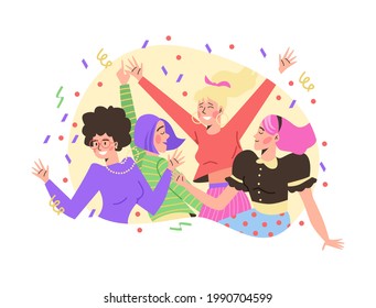 Decorative banner with young cheerful women cartoon characters in bright clothing, flat vector illustration isolated on white background. Young girls or women at party.