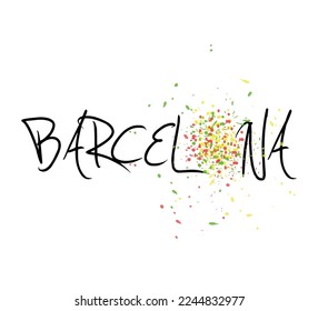 decorative barcelona text with colorful paint drops on white background