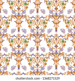 decorative with barocco pattern on a dark background. Baroque floral ornament with woman statue silhouette. Suitable for printing on textiles, leggings, home decor, pajamas, children's clothes.