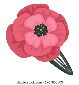 Decorative Barrette With Poppy Blooming Flower. Isolated Icon Of Hair Accessories For Female Hairdo. Metallic Clip For Hairdresser Or Stylist. Girlish Adornment With Ribbons, Vector In Flat Style