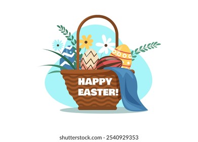 A decorative basket filled with colorful Easter eggs and flowers, celebrating the Easter holiday. Vector illustration