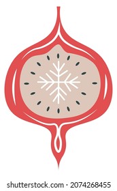 Decorative bauble for christmas and new year celebration. Isolated ball with snowflake and lines, ornaments and drawings. Adornment for tree. Winter holiday, xmas and noel. Vector in flat style