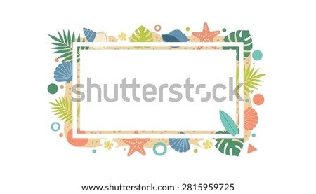 Decorative beach theme frame featuring shells starfish and palm leaves arranged around a white rectangular central area.
