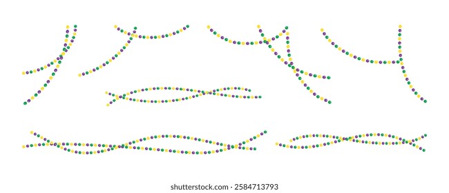 Decorative beaded corners. Mardi Gras frame elements - beads border lines, beaded jewelry. Set festive vector illustrations isolated on white background, for holidays invitations. Beads and Throws