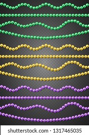 Decorative beads strings in Mardi Gras colors, green, gold, purple, seamless, vector illustration