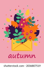 Decorative beautiful autumn card in сartoon flat style. Autumn leaves and berries in a envelope. The concept of enjoying the beautiful autumn. Colorful vector template for card, cover, flyer, poster.