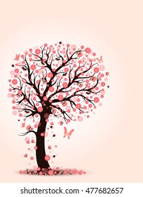 Hermosa flor de cerezo decorativa con ilustración vectorial de árbol de fondo