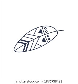 Decorative beautiful feather isolated on a white background. Boho style. Element of Indian tribes. Vector illustration
