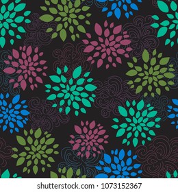 Decorative beautiful floral seamless pattern, abstract seamless texture with doodle flowers and leaves on black background. 