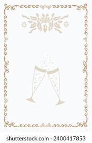 Decorativo marco hermoso sobre un fondo claro, dos vasos con vino espumoso y una corona navideña. Una hermosa forma de felicitaciones