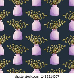 Decorative beautiful glass pink vase with branches with green leaves. Vector seamless cartoon pattern, interior decor element.
