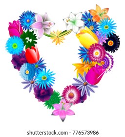Decorative beautiful heart from different colors: lilies, tulips, asters, exclusive design, vector graphics.