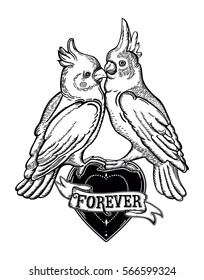 Decorative beautiful parrots with a heart. Highly detailed isolated vector illustration. Tattoo flesh, mystic symbol of love. Print, posters, t-shirts and textiles.

