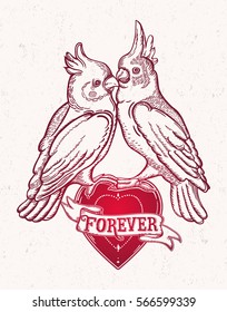 Decorative beautiful parrots with a heart. Highly detailed isolated vector illustration. Tattoo flesh, mystic symbol of love. Print, posters, t-shirts and textiles.

