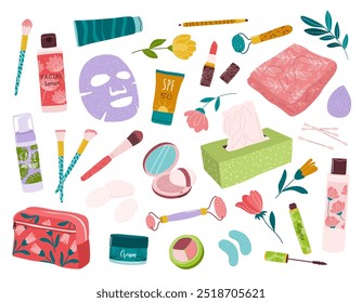 Productos de belleza decorativos, cosméticos y maquillaje en botellas, tubos, tarros y dispensadores: cuidado del cuerpo, del cabello y de la cara, cuidado de la piel, accesorios de belleza, bolso cosmético. Ilustraciones vectoriales planas aisladas.