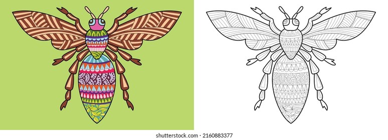 Decorative bee coloring book page illustration for adults art drawing relaxing 