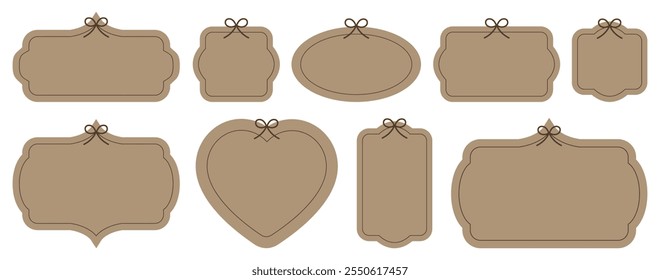 Decorative beige frames and bows. Set of provence antique frames, collection of retro labels, royal wedding, sticker for sale or an invitation card. Isolated vector symbols. Simple brown ribbons set