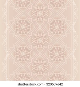 Decorative beige seamless border. Vintage border on beige. Ornate element for design and place for text. Ornamental lace pattern for wedding invitations and greeting cards. Traditional floral decor. 