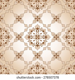 Decorative beige seamless texture in Victorian style. Element for design. Ornamental backdrop. Pattern fill. Ornate floral decor for wallpaper. Traditional decor on beige background.  