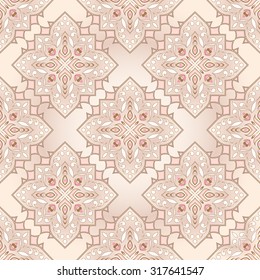 Decorative beige seamless texture in Victorian style. Element for design. Ornamental backdrop. Pattern fill. Ornate floral decor for wallpaper. Traditional decor on beige background.  