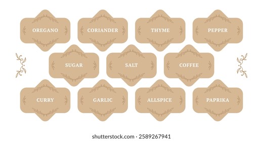 decorative beige stickers for spice jars. organization of spice storage in the kitchen.  salt, sugar, curry, oregano, paprika, thyme