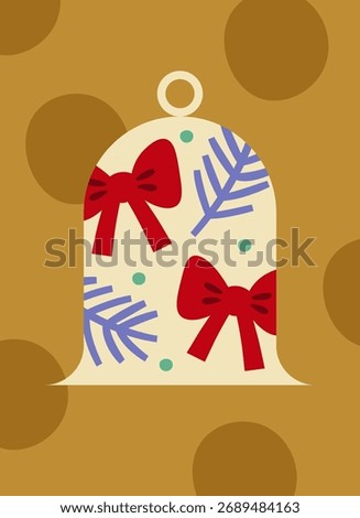 A decorative bell adorned with red bows and abstract branches in a flat style. The design includes circular patterns and simple shapes. Cartoon vector illustration.