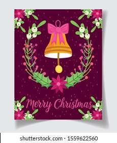 decorative bell bow flower leaves celebration merry christmas poster vector illustration