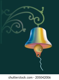 Decorative bell, clapper, hanger for festive decorations garden, home, Christmas tree. Vector on green background