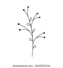 Galho de baga decorativo. Ilustração desenhada à mão de caule curvo e pontos semelhantes a frutas. Elemento botânico simples em estilo de doodle linear. Vetor 10 EPS.