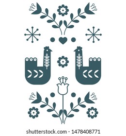 Decorative bicolor composition with animals, decorative floral elements. Nordic ornaments, folk art composition. Vector illustration

