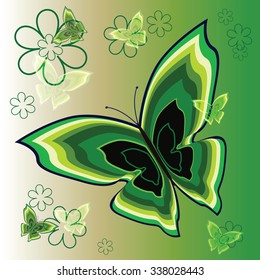 Decorative big green butterfly on light colorful background with small butterflies