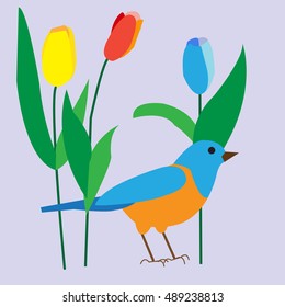 decorative bird among the delicate tulips, poster, greeting card, vector illustration