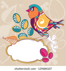 Decorative bird, autumn leaf and place for your text. Autumn design for your greeting card or invitation. Ornamental background.